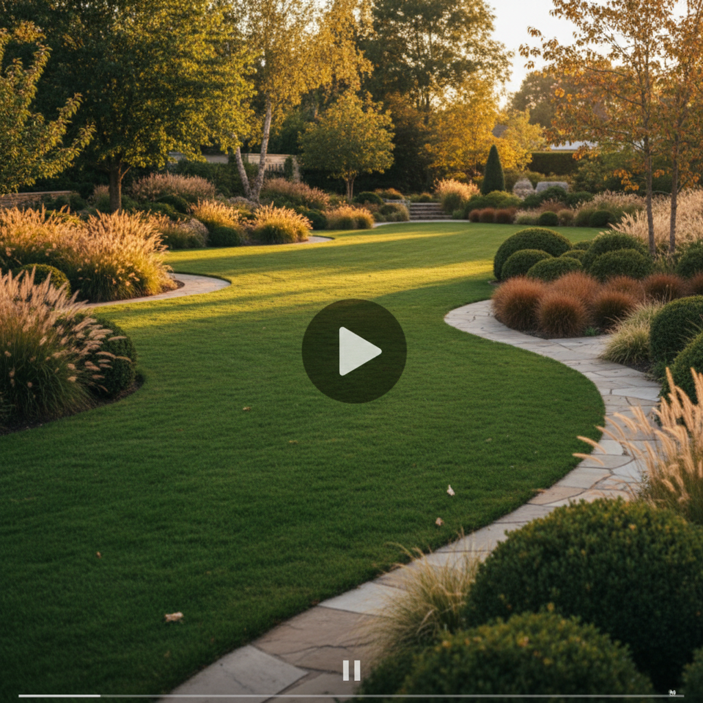 Großes Standbild einer gepflegten Gartenanlage als Video-Platzhalter