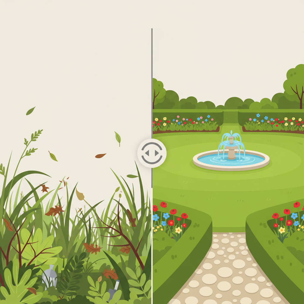Grafik einer Vorher-Nachher-Gartenumgestaltung mit Slider-Symbol